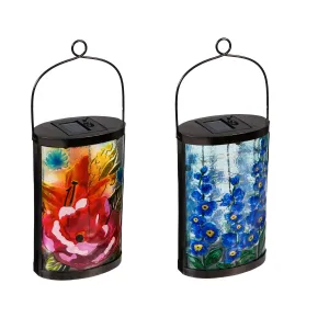 2 Asst., 14.8"H Solar Oval Glass Lantern, Boho Florals,2sp5559