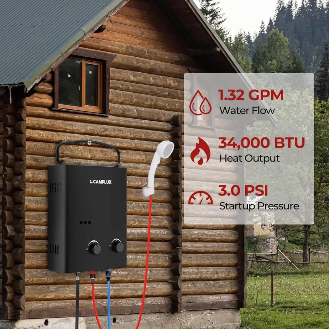 Camplux Propane Off-Grid Portable Water Heater for RV, Trailer & Camper - Black