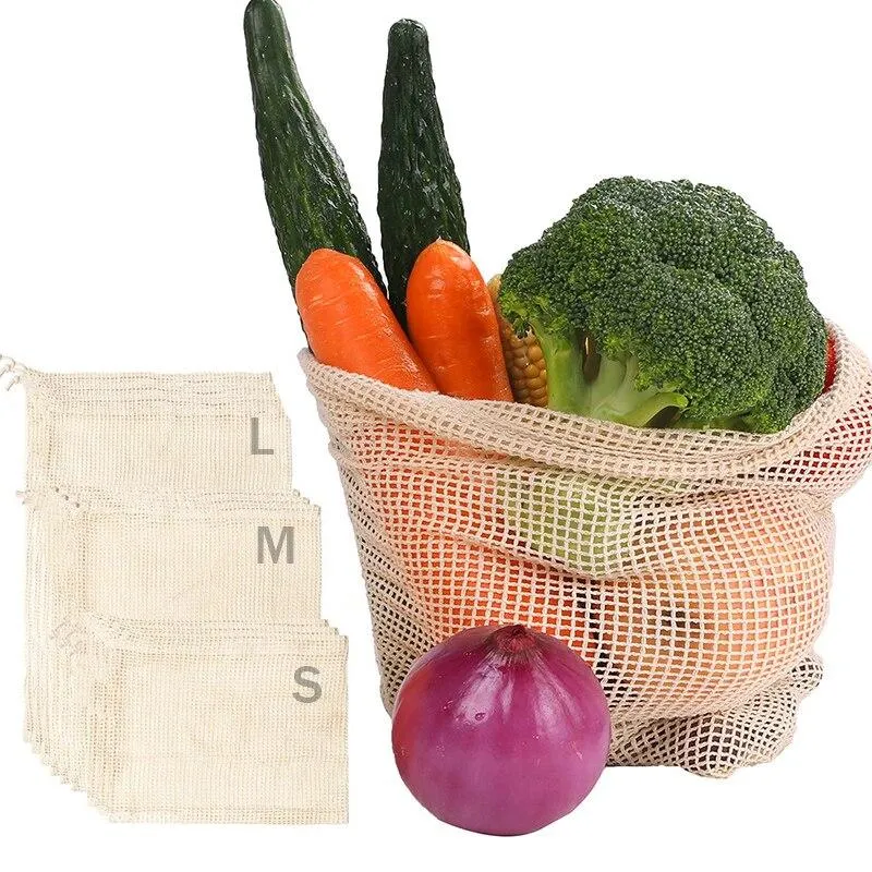 Multipurpose Reusable Cotton Mesh Vegetable Fruit Drawstring Storage Bags