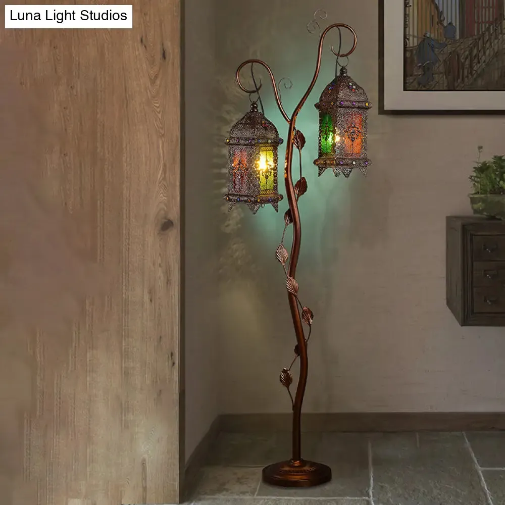 Rustic Lantern Floor Lamp with Ivy Decor - Metal Stand, 2 Bulbs, Brown - Ideal for Living Rooms