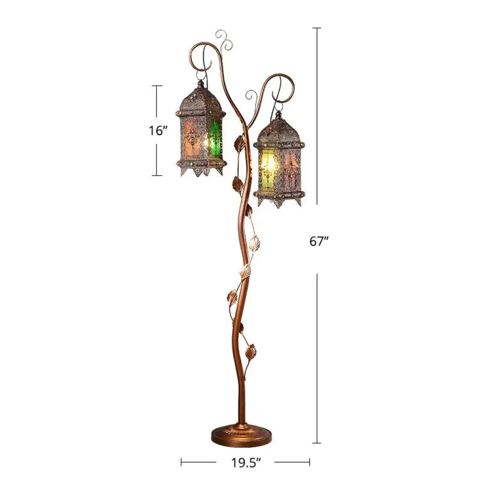 Rustic Lantern Floor Lamp with Ivy Decor - Metal Stand, 2 Bulbs, Brown - Ideal for Living Rooms