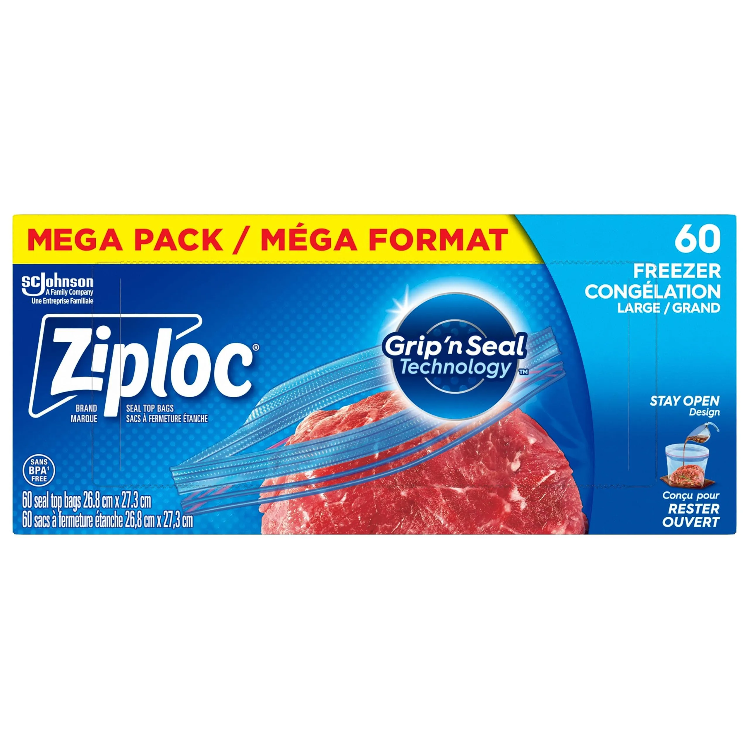 Ziploc Large Food Storage Freezer Bags, Grip 'n Seal Technology for Easier Grip, 60 Count.