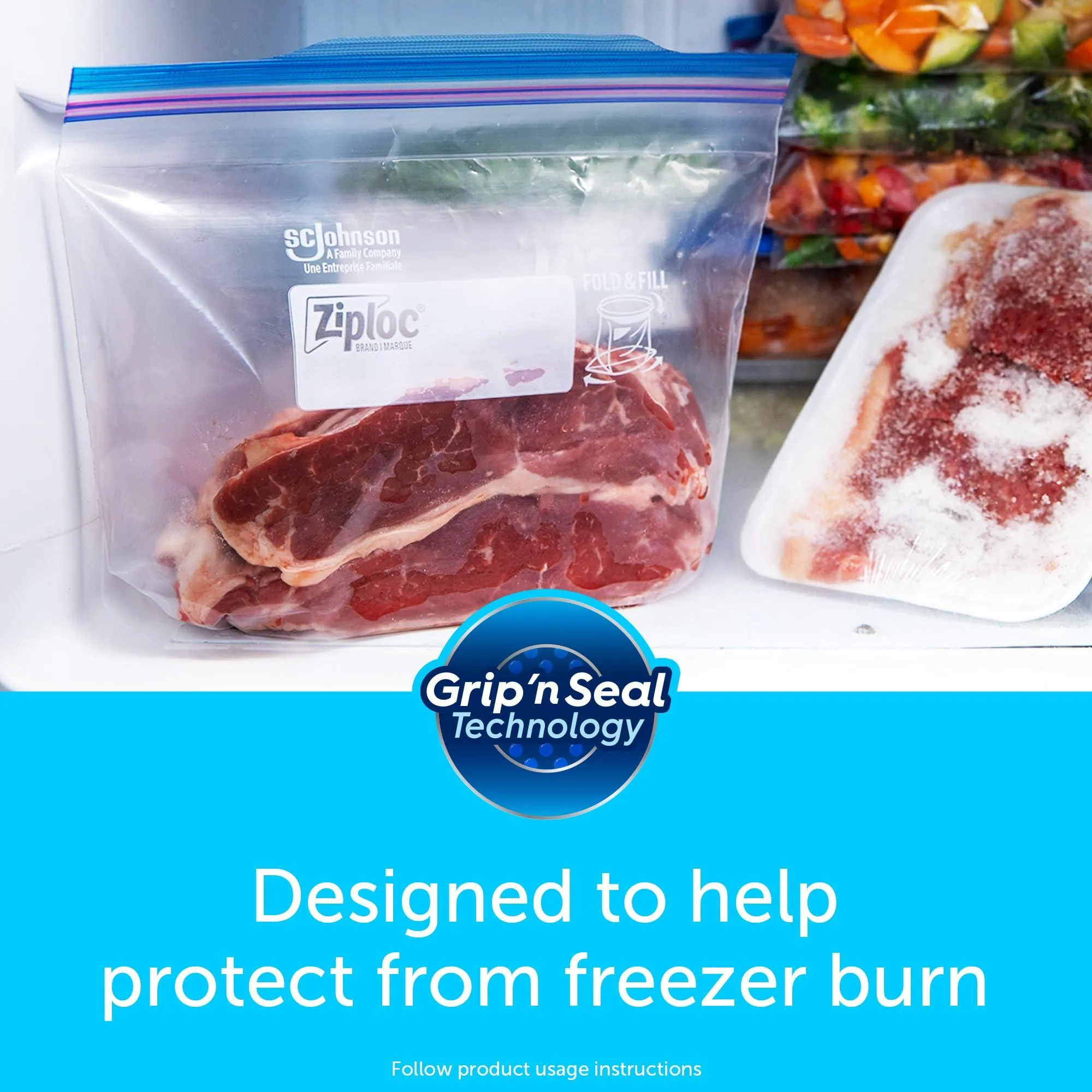 Ziploc Large Food Storage Freezer Bags, Grip 'n Seal Technology for Easier Grip, 60 Count.